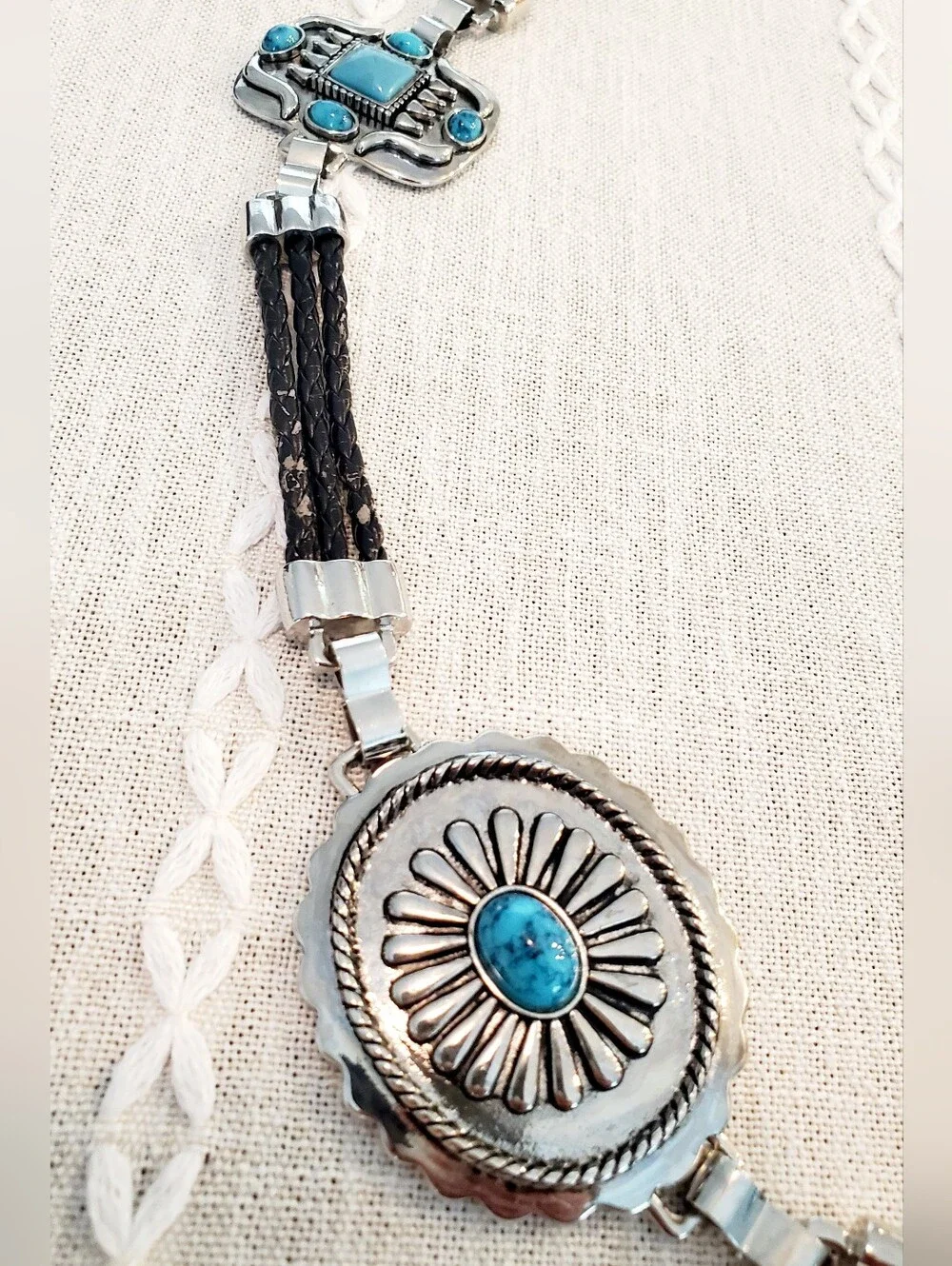 Silver Concho Belt with Black Braided Cord and Turquoise Accents
